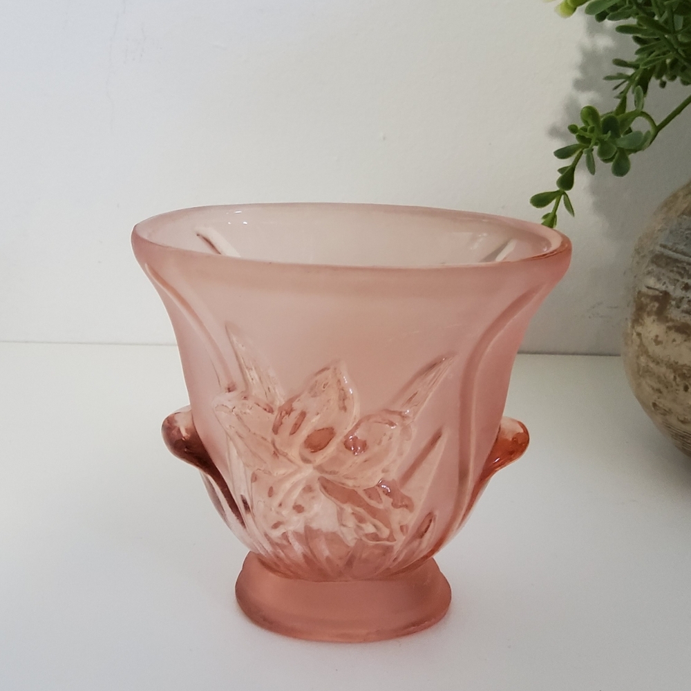 Vintage Pink Frosted Depression Glass Vase